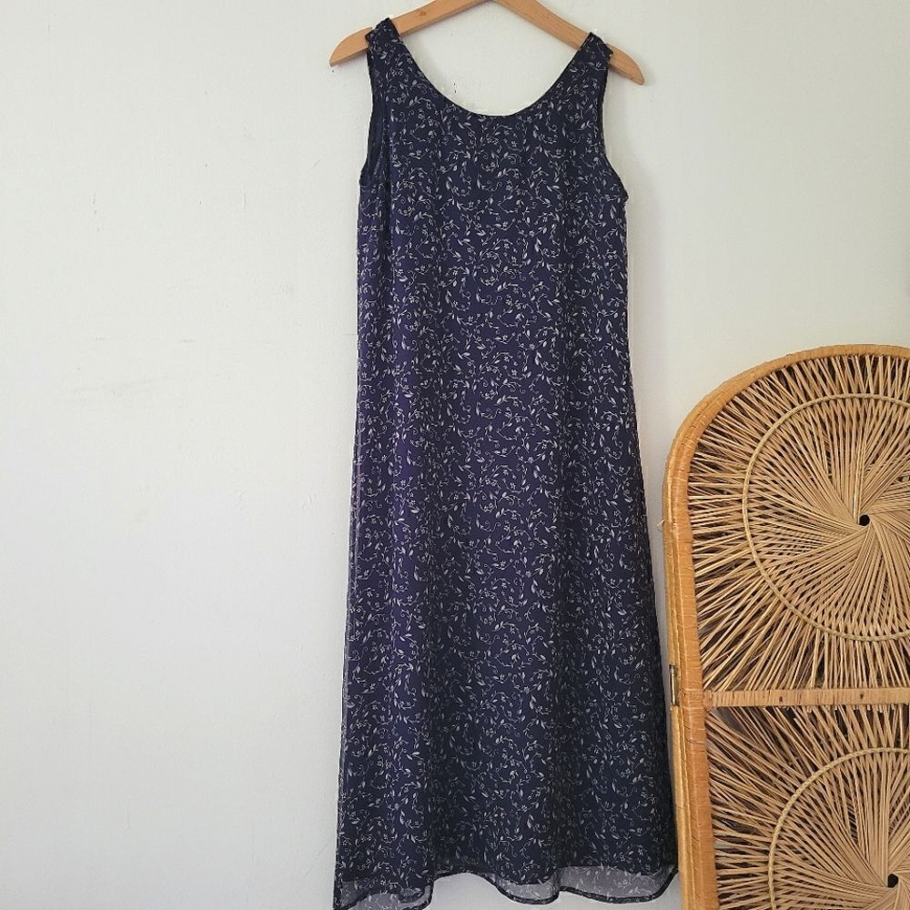 Vintage Robbie Bee Petites 100% Silk Dress Navy Blue Floral 6P